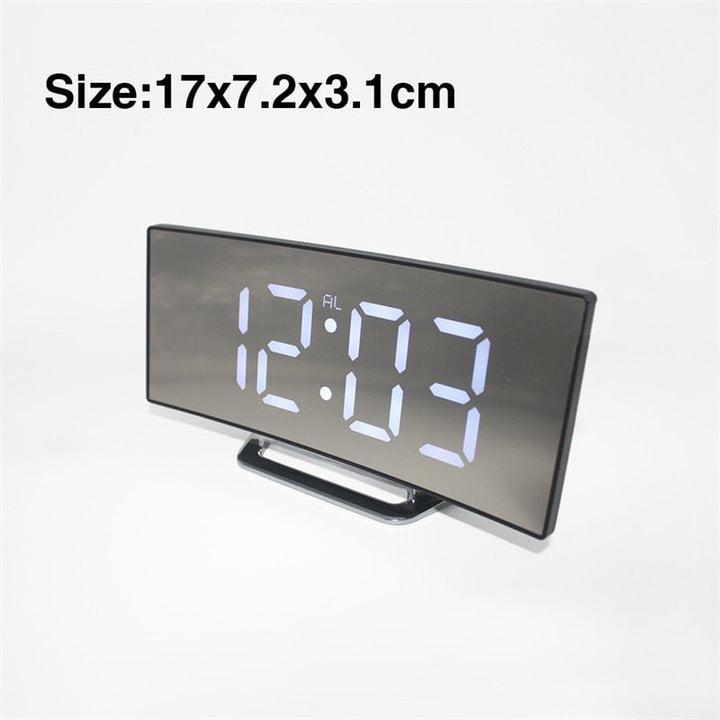 LED Digital Väckarklocka – Kurvad Spegeldisplay, Bordsur med Snooze-funktion, Elektronisk Bordsdisplay, Inredning för Sovrum och Vardagsrum