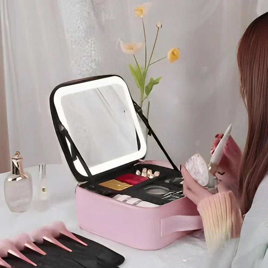 MirrorGlam LED Make-up Väska – Bärbar Kosmetisk Fodral med Justerbart Ljus &amp; Organiseringsöglor