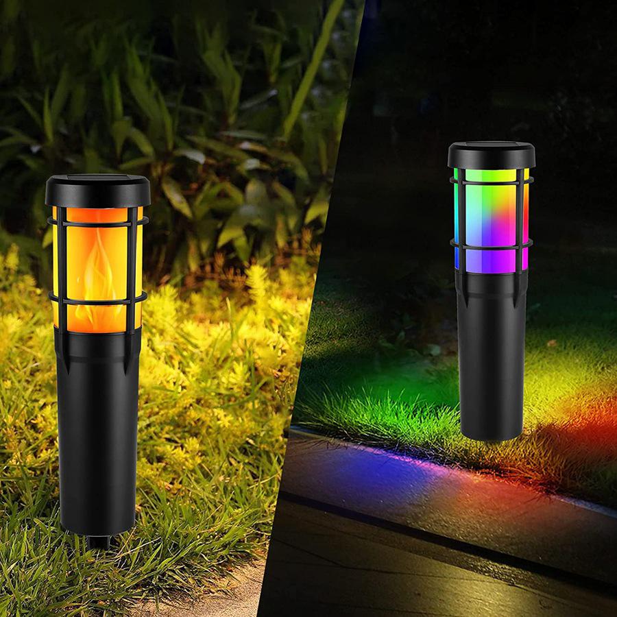 Solcellsmarkör för utomhusbruk, med fladdrande låga och RGB-färgskiftning, LED-solutomhusbelysning för gård, trädgård, stig, gräsmatta - IP65 vattentålig