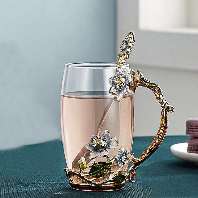 Hantverkad emaljblomma glas mugg för par, kärleksgåva som kan servera kaffe, smakfullt te eller till och med citronjuice i