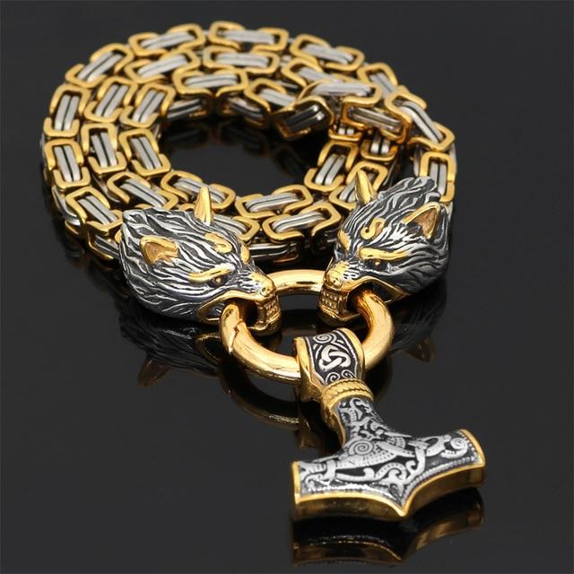60–90 cm Stål Dubbel Varghuvud &amp; Mjolnir Survival Spirit Halsband/Armband