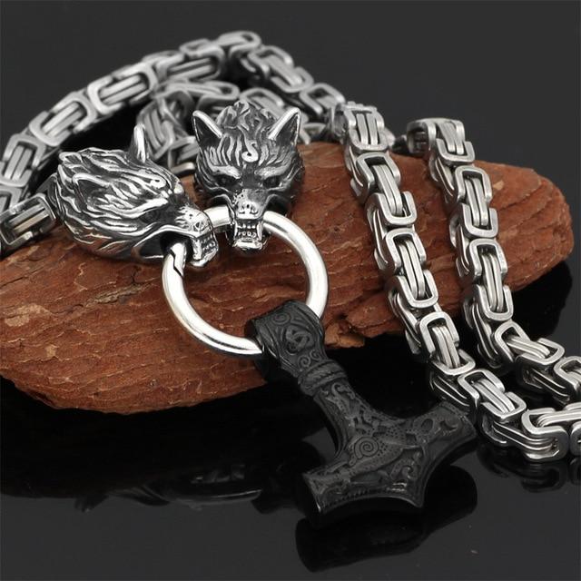 60–90 cm Stål Dubbel Varghuvud &amp; Mjolnir Survival Spirit Halsband/Armband
