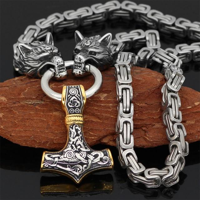 60–90 cm Stål Dubbel Varghuvud &amp; Mjolnir Survival Spirit Halsband/Armband