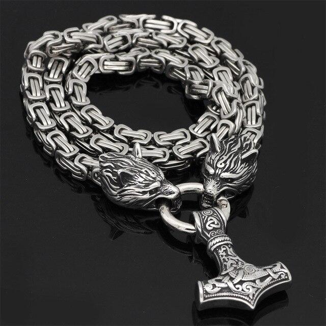 60–90 cm Stål Dubbel Varghuvud &amp; Mjolnir Survival Spirit Halsband/Armband