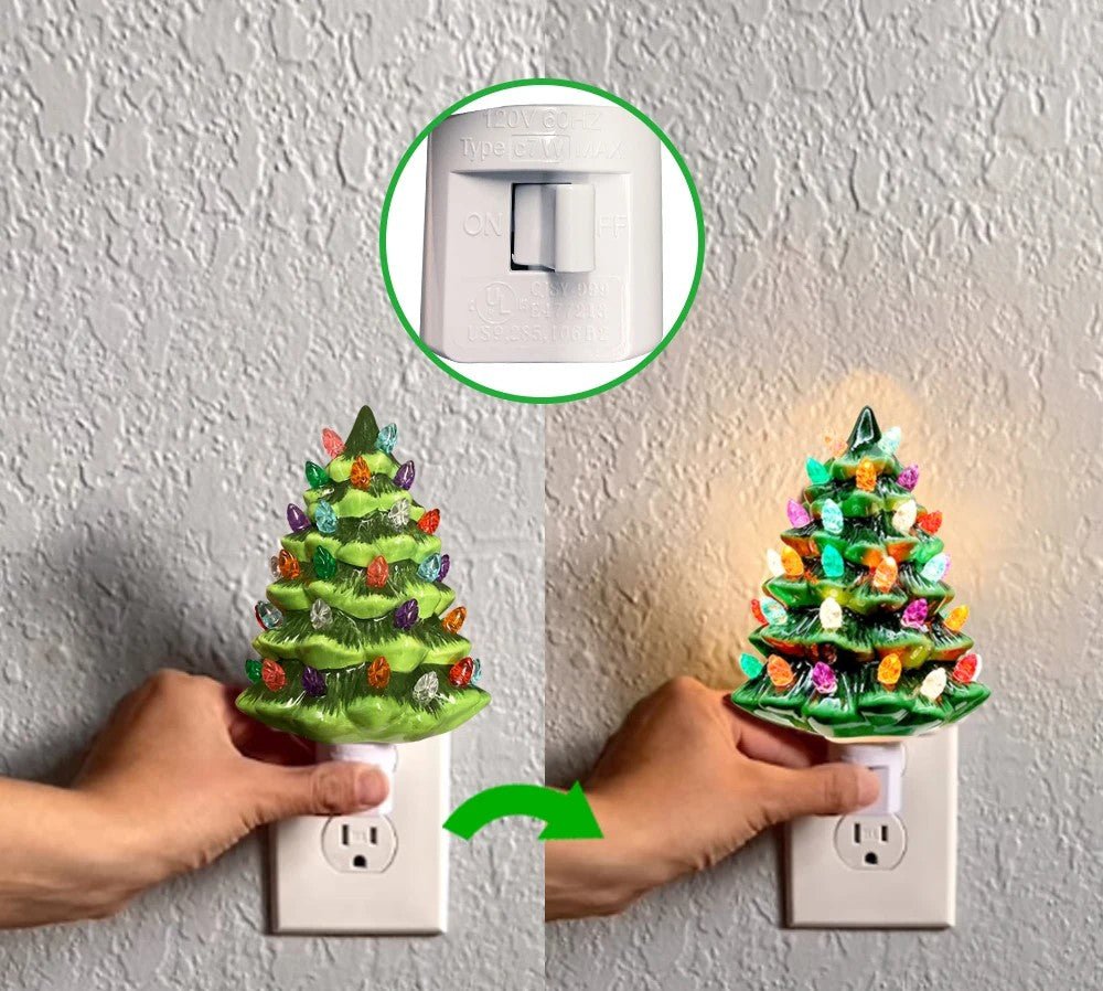 Vintage Keramisk Julgran Nattlampa – Handmålad Plug-In Högtidsbelysning